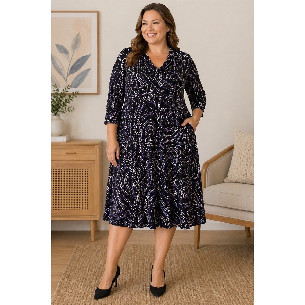 Lily Dress Womens 1X Black Purple Geometric Cowl Neck Fit & Flare Jersey Midi
